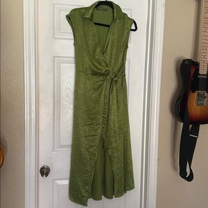 Green Silky Sleeveless Wrap Dress